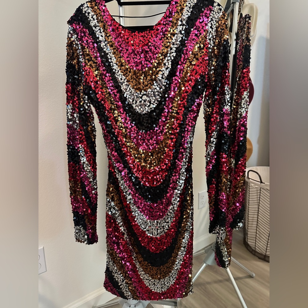 B Darlin Vibrant Sequin Long Sleeve Dress
